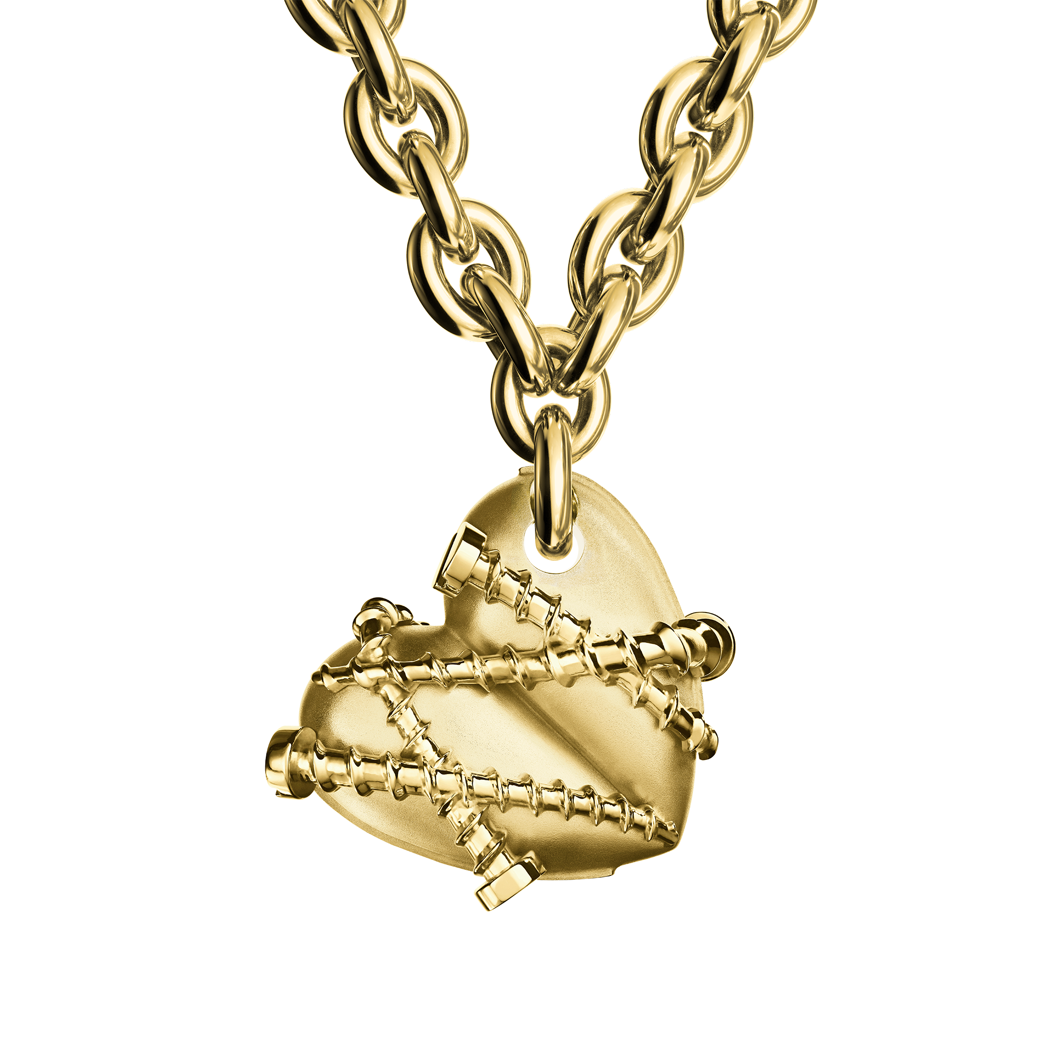 A detail of Bullet Hole Heart Pendant with Screws M with Chain in Yellow Gold